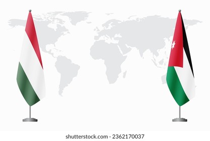 Hungary and Jordan flags for official meeting against background of world map.