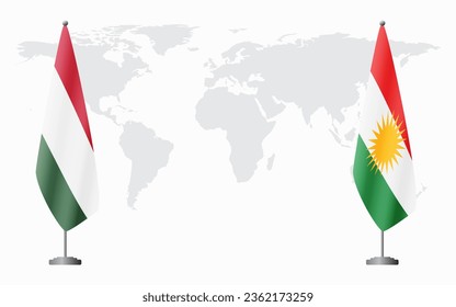 Hungary and Kurdistan flags for official meeting against background of world map.