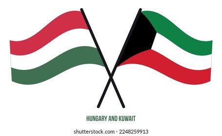 Hungary and Kuwait Flags Crossed And Waving Flat Style. Official Proportion. Correct Colors.