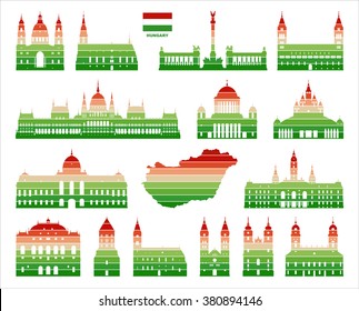 Hungary landmarks. Vector graphic on white background. Map of Hungary. 