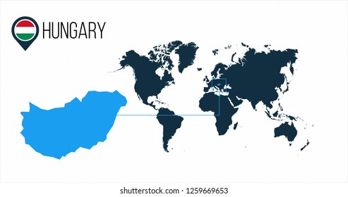 Hungary location on the world map for infographics. All world countries without names. Hungary round flag in the map pin or marker. vector illustration on stripped background.