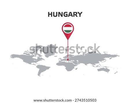 HUNGARY Location Pin on World Map with Flag in Pin's Body