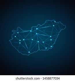Hungary Map - Abstract geometric mesh polygonal network line, structure and point scales on dark background with lights in the form of cities. Vector illustration eps 10.