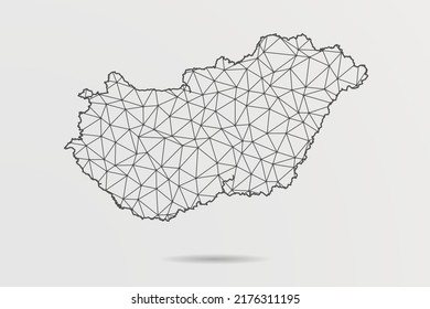 Mapa de Hungría - Resumen de la línea de purga y las escalas de puntos sobre fondo blanco con el Mapa Mundial. Malla 3D del marco de cables línea de red poligonal, esfera de diseño, punto y estructura - Ilustración vectorial eps 10