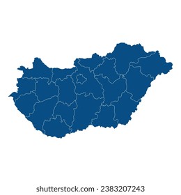 Hungary map. Map of Hungary in administrative regions in blue color