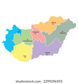 Hungría mapea el fondo con regiones, nombres de regiones y ciudades en color. Mapa de Hungría aislado de fondo blanco. Ilustración del vector