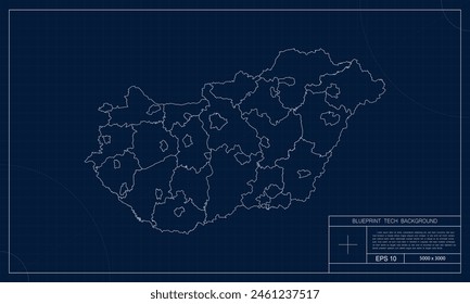 Hungary Map with Blueprint Tech Style Background.