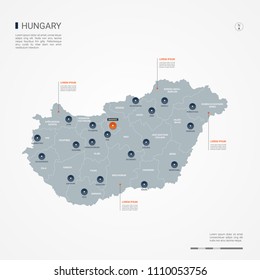 Hungary map with borders, cities, capital Budapest and administrative divisions. Infographic vector map. Editable layers clearly labeled.