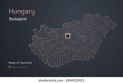Hungary Map with a capital of Budapest Shown in a Microchip Pattern with processor. E-government. World Countries vector maps. Microchip Series	
