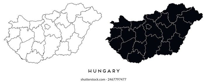 Hungary map of city regions districts vector black on white and outline