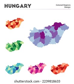 Colección de mapas de Hungría. Fronteras de Hungría para tu infografía. Regiones de países de colores. Ilustración vectorial.