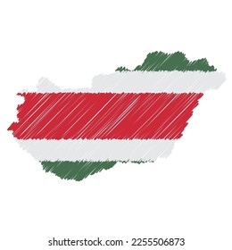 Hungary map color hand drawn sketch. Vector concept illustration flag, scribble map. Country map for infographic, brochures and presentations isolated on white background. Vector illustration.