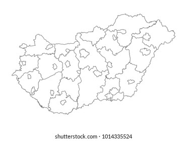 hungary map with country borders, thin black outline on white background. High detailed vector map with counties/regions/states - hungary. contour, shape, outline, on white.