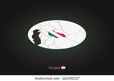 Hungary map in dark color, oval map with neighboring countries. Vector map and flag of Hungary