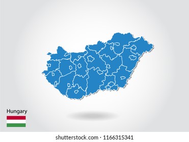 hungary map design with 3D style. Blue hungary map and National flag. Simple vector map with contour, shape, outline, on white.