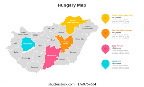 Hungary map divided into federal states. Territory of country with regional borders. Hungarian administrative division. Infographic design template. Vector illustration for touristic guide, banner.