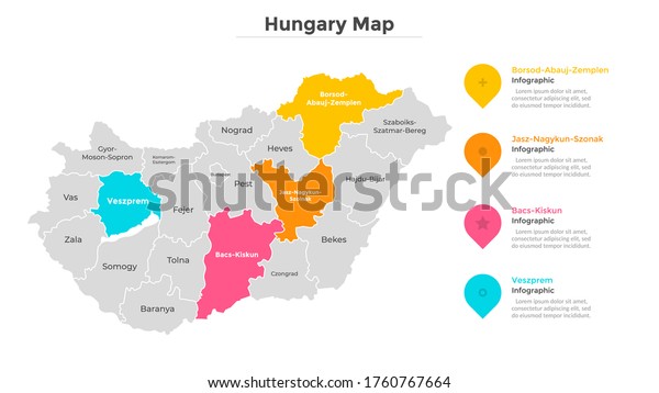 Hungary map divided into federal states.\
Territory of country with regional borders. Hungarian\
administrative division. Infographic design template. Vector\
illustration for touristic guide,\
banner.