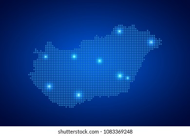 Hungary map with dotted style and glowing points star on blue background , Vector illustration