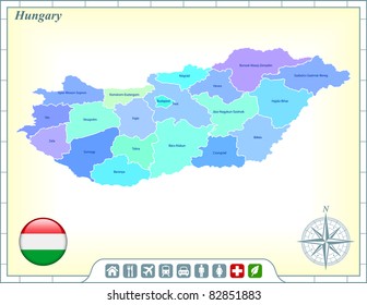 Hungary Map with Flag Buttons and Assistance & Activates Icons Original Illustration