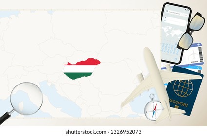 Mapa y bandera de Hungría, avión de carga en el detallado mapa de Hungría con bandera, pasaporte, lupa y avión. Plantilla de vectores.