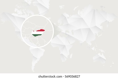 Hungary map with flag in contour on white polygonal World Map. Vector Illustration.