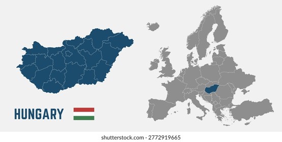 Hungary map. Hungary flag. Europe and Hungary maps with regions. Europe map isolated on white background. High detailed. Vector illustration	