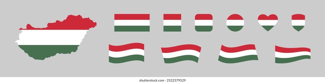 Hungary map and flag icon set. National country in Europa symbol. Isolated vector