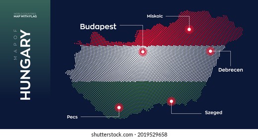 Hungary map with flag info graphic. Abstract vector map of Hungary with capital and major cities. Dots composition map on dark background.
