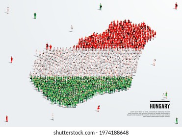 Hungary Map and Flag. A large group of people in the Hungary flag color form to create the map. Vector Illustration.