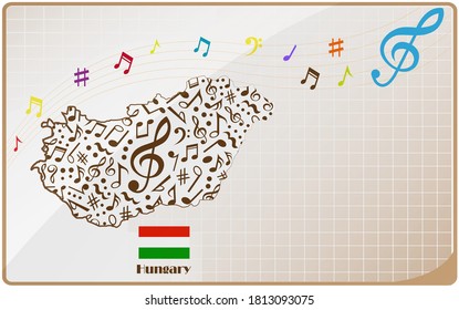Bandera de mapa de Hungría hecha de notas musicales. 