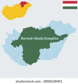 Borsod-Abaúj-Zemplén Hungary Map and Flag - Miskolc Capital, Second Largest County and Two UNESCO Sites Vector Outline.