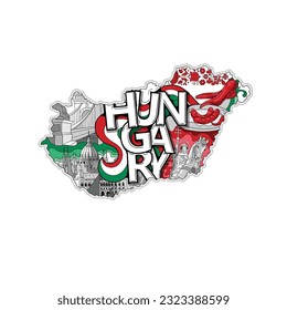 Hungary map in hand drawn doodle style with main national values.