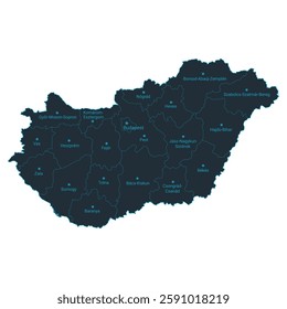 Hungary map high detailed with administrative divide by state, capital cities names, outline simplicity style. Vector illustration EPS10.