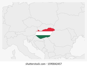 Hungary map highlighted in Hungary flag colors, gray map with neighboring countries.