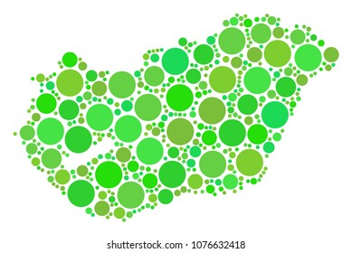 Hungary Map mosaic of random dots in different sizes and fresh green color tints. Vector circle elements are united into hungary map illustration. Fresh geographic map vector illustration.