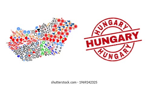 Mosaico de mosaico de Hungría y placa de goma de Hungría roja redonda. El sello de Hungría utiliza líneas vectoriales y arcos. El mosaico del mapa de Hungría contiene engranajes, casas, lámparas, soles, hombres y más pictogramas.