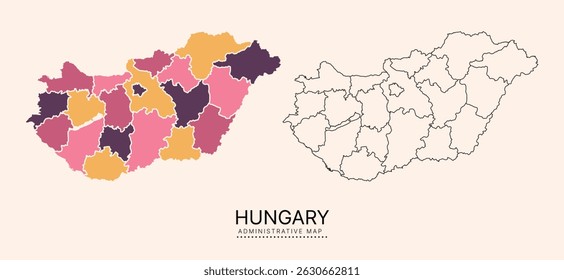 Hungria Mapa com distritos administrativos separados por multicores, camadas separadas editáveis, zonas e bordas. Mapa para apresentação. Ilustração vetorial