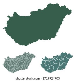 Hungría mapea el vector con fronteras administrativas, regiones, municipios, departamentos en blanco negro. Mapa de plantillas de diseño informativo