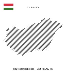 Hungary map from pattern of black slanted parallel lines. Hungarian map with gray diagonal lines. Silhouette of a country made of oblique hatching. Vector illustration isolated on white.