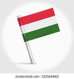 Hungary map pin flag icon. Hungarian pennant map marker on a metal needle. 3D realistic vector illustration.