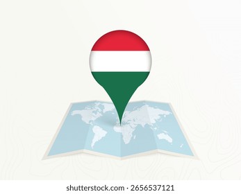 Mapa de Hungría Pin con la bandera nacional en el mapa del mundo abierto. Perfecto para su uso en guías de viaje, contenido de geografía, conceptos de posicionamiento global y temas de negocios internacionales.