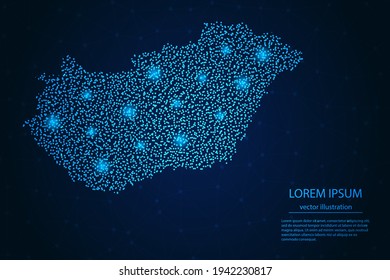 Hungary map from point blue and glowing stars on a dark background. Vector eps 10.