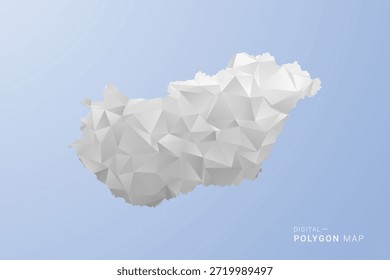 Mapa de Hungría - Ilustración vectorial de estilo polígono en gris, blanco y azul, diseño geométrico de bajo poli, silueta mínima, adecuada para infografía y diseño moderno.