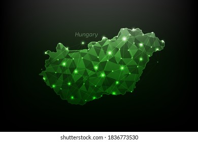Mapa poligonal de Hungría con luces brillantes y línea