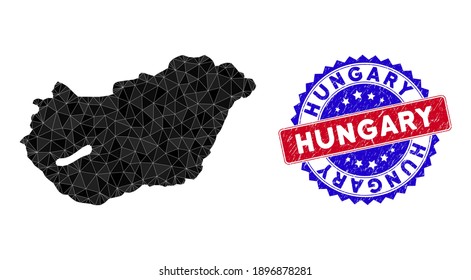 Hungría mapea malla poligonal con triángulos rellenos y sello bicolor impuro. Mapa de Hungría de mosaico triangular con modelo vectorial de malla, triángulos con tamaños y posiciones aleatorizados, y tintes de color.