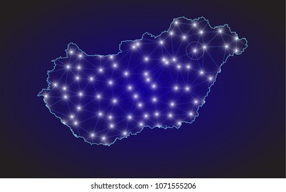 Hungary map of polygonal mosaic lines network, rays and space stars of vector illustration