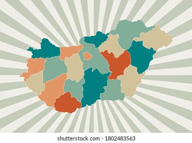Hungary map. Poster with map of the country in retro color palette. Shape of Hungary with sunburst rays background. Vector illustration.