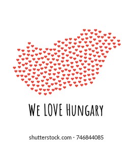 Hungary Map with red hearts- symbol of love. abstract background with text We Love Hungary. vector illustration. Print for t-shirt