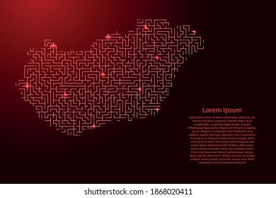 Hungary map from red pattern of the maze grid and glowing space stars grid. Vector illustration.