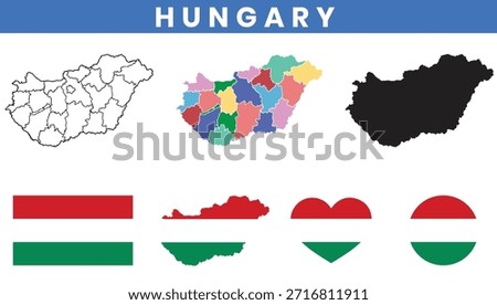 Hungary map set with counties outline silhouette and national flag icons